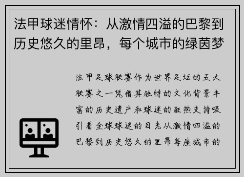 法甲球迷情怀：从激情四溢的巴黎到历史悠久的里昂，每个城市的绿茵梦想